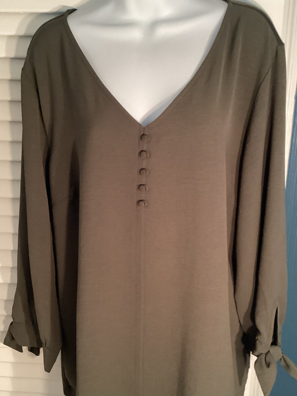 Women's V-Neck Tunic with Covered Button Placket - Olive